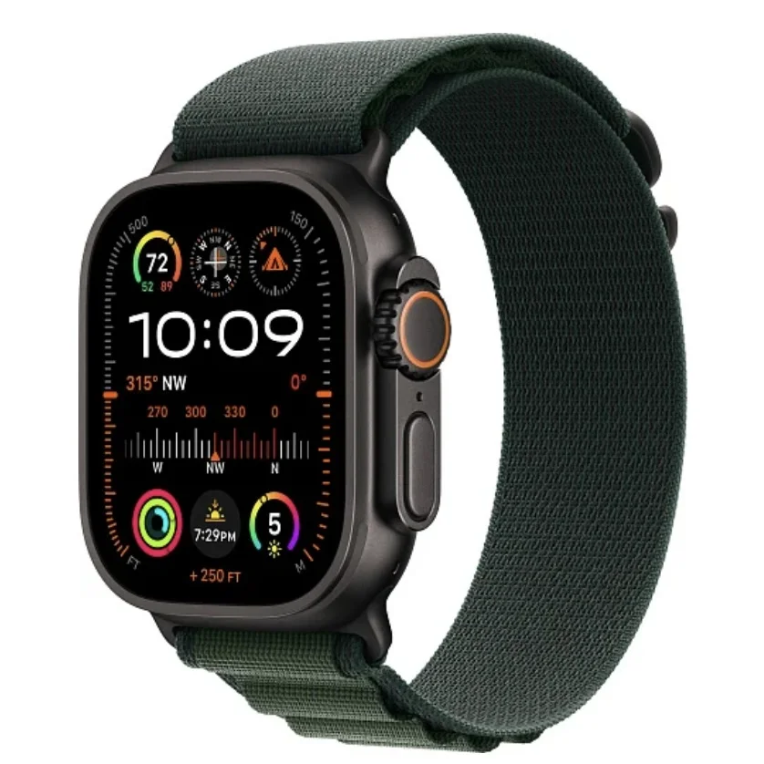 Apple Watch Ultra 2 2024 49 мм, корпус из черного титана, ремешок Alpine темно-зеленого цвета, размер M